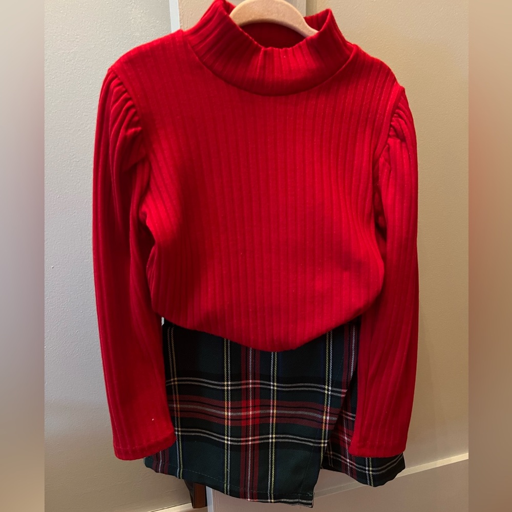 4T/5Y red sweater with green and red plaid skort